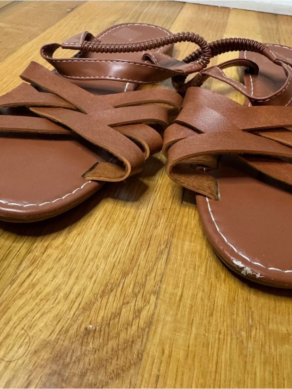 Cognac Strappy Flat Sandals - Criss Cross Slip On. Size 40 (US 9)
